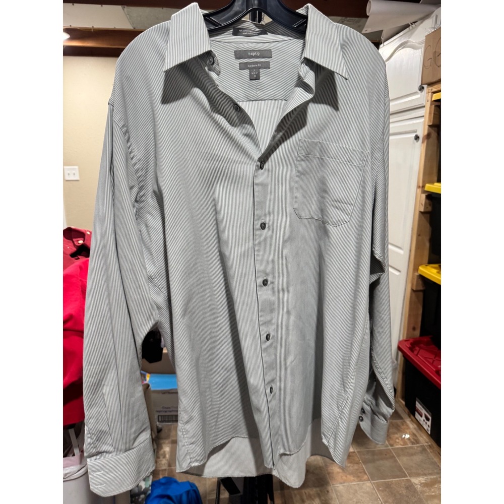 Apt. 9 Mens Modern Fit Dress Shirt Grey White Pinstripe LongSleeve Size L16.5-17
